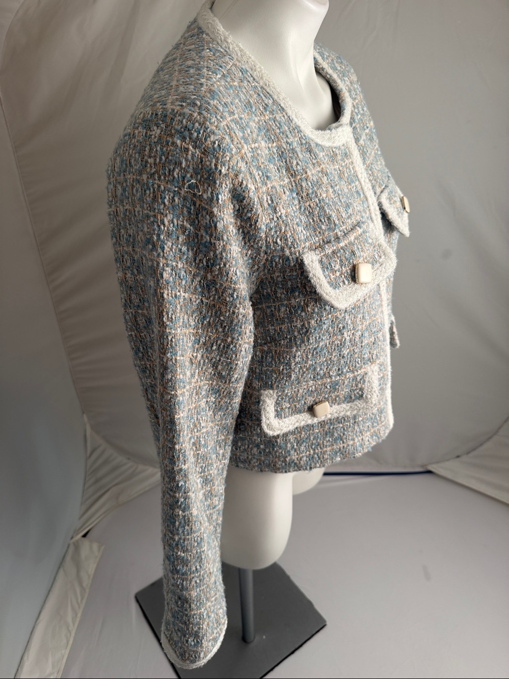 Olivaceous light blue multicolor tweed satin lined boxy blazer - Picture 2 of 9